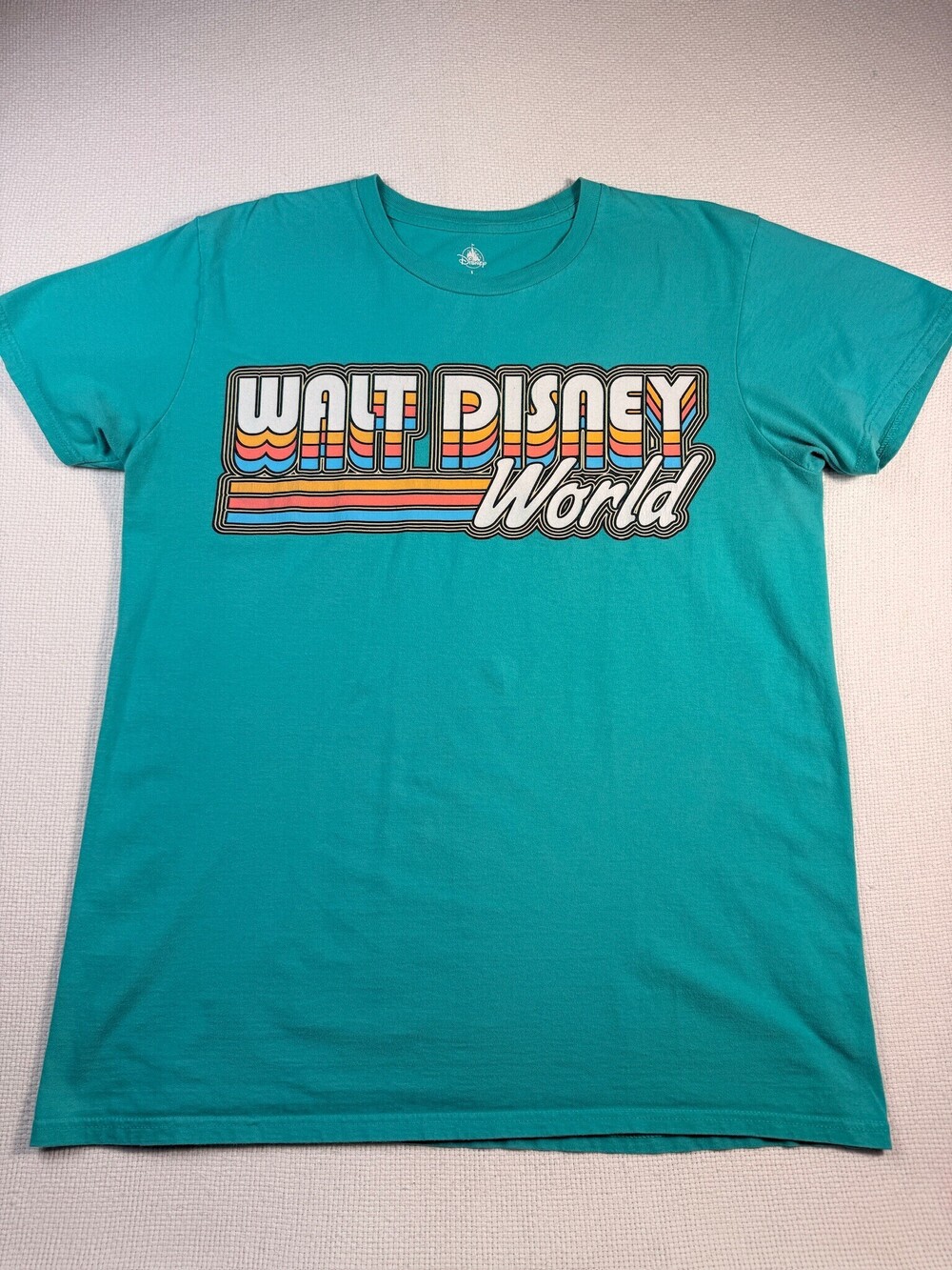Disney Walt Disney World Retro Rainbow Logo Tee Teal Large
